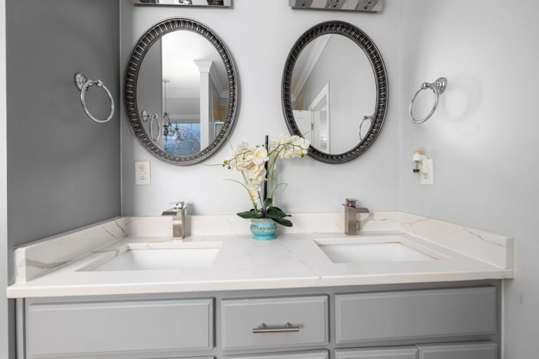 a pristine marble top in the bathroom of a Chelsea, London apartment